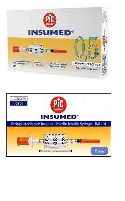 SIRINGA PER INSULINA PIC INSUMED 0,5 ML 100 UI AGO GAUGE 30 LUNGHEZZA 8 MM SENZA SPAZIO MORTO 3 SACCHETTI DA 10 PEZZI - Antica Farmacia Ferrari