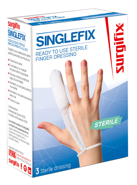MEDICAZIONE STERILE PER DITO SINGLEFIX, COSTITUITA DA UNA GUAINA IN COTONE E DA UN'IMBOTTITURA INTERNA ASSORBENTE. SI APPLICA DIRETTAMENTE SULLA FERITA E SI FISSA AL POLSO - Antica Farmacia Ferrari