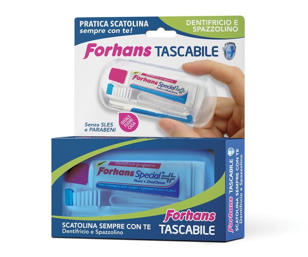 FORHANS TRAVEL KIT TASCABILE COMPOSTO DA SPAZZOLINO DA VIAGGIO + FORHANS SPECIAL PASTA DENTIFRICIA TUBETTO 12,5 ML - Antica Farmacia Ferrari