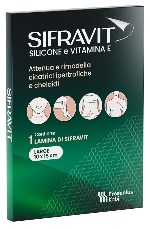 PLACCA IN SILICONE E VITAMINA E SIFRAVIT DIMENSIONI 15X10CM. INDICATA NEL TRATTAMENTO DI CHELOIDI E CICATRICI IPERTROFICHE CONSEGUENTI AD INTERVENTI C HIRURGICI, USTIONI, E FERITE - Antica Farmacia Ferrari