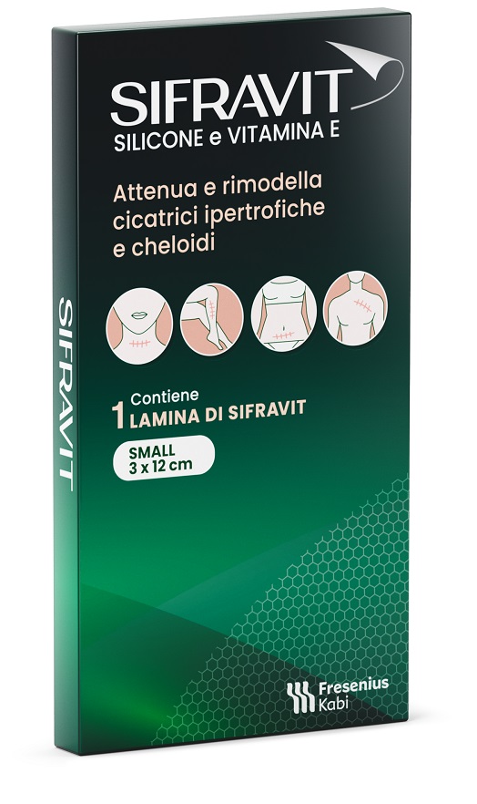 PLACCA IN SILICONE E VITAMINA E SIFRAVIT DIMENSIONI 3X12CM. INDICATA NEL TRATTAMENTO DI CHELOIDI E CICATRICI IPERTROFICHE CONSEGUENTI AD INTERVENTI CHIRURGICI USTIONI E FERITE - Antica Farmacia Ferrari