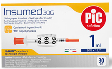 SIRINGA INSULINA PIC INSUMED 1 ML 100 UI AGO GAUGE 30 12,7 MM SENZA SPAZIO MORTO 30 PEZZI - Antica Farmacia Ferrari