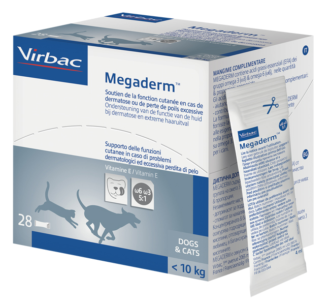 MEGADERM SUPPLEMENTO GATTI E CANI INFERIORI A 10 KG SCATOLA DA 28 SACCHETTI MONODOSE 4 ML - Antica Farmacia Ferrari