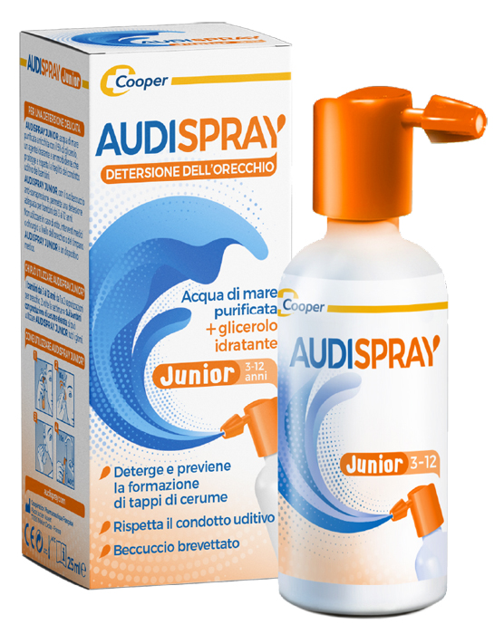 AUDISPRAY JUNIOR SOLUZIONE DI ACQUA DI MARE IPERTONICA SPRAY SENZA GAS IGIENE ORECCHIO 25ML - Antica Farmacia Ferrari