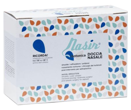 NASIR DOCCIA NASALE CON SOLUZIONE FISIOLOGICA ISOTONICA 10 SACCHE 250 ML + 1 BLISTER - Antica Farmacia Ferrari