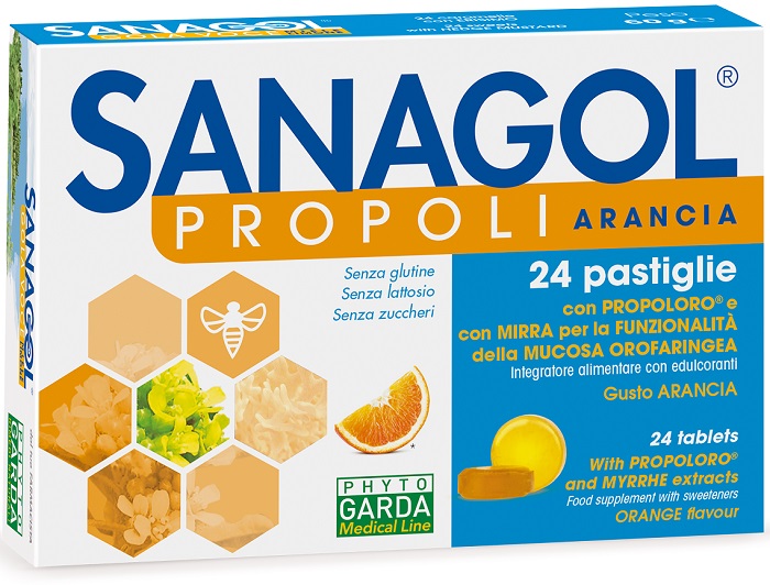 SANAGOL PROPOLI SENZA ZUCCHERO ARANCIA 24 CARAMELLE - Antica Farmacia Ferrari