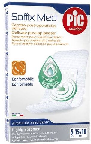 CEROTTO PIC SOFFIX MED IN TNT CON TAMPONE CENTRALE ASSORBENTE STERILE MONOUSO 10X15 CM ANTIBATTERICO 5 PEZZI - Antica Farmacia Ferrari