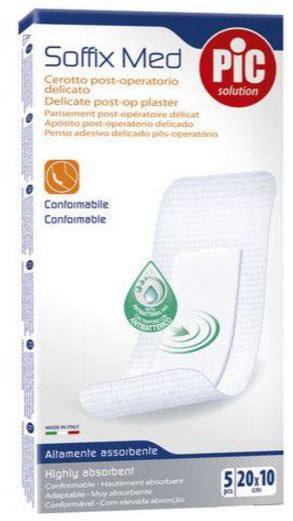 CEROTTO PIC SOFFIX MED IN TNT CON TAMPONE CENTRALE ASSORBENTE STERILE MONOUSO 10X20 CM ANTIBATTERICO 5 PEZZI - Antica Farmacia Ferrari