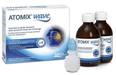 ATOMIX WAVE DISPOSITIVO PER IGIENE RINOFARINGEA ATOMIX SOLUZIONE SALINA 250 ML 2 PEZZI + TERMINALE NASALE + EROGATORE A SOFFIETTO - Antica Farmacia Ferrari