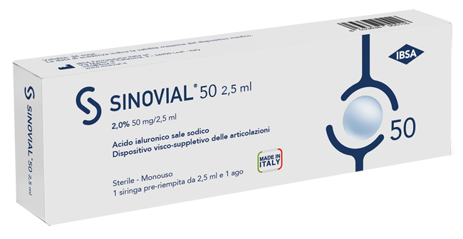 SIRINGA INTRA-ARTICOLARE SINOVIAL 50 ACIDO IALURONICO 2% 50 MG/2,5 ML 1 FS + AGO GAUGE 21 1 PEZZO - Antica Farmacia Ferrari