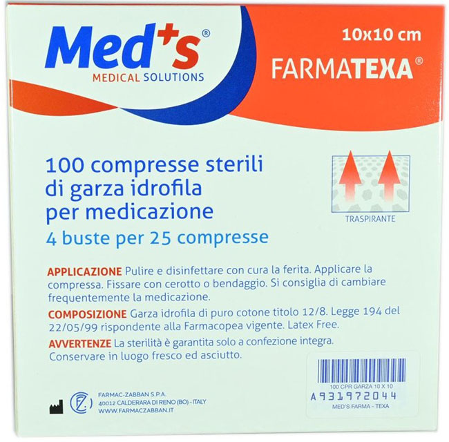 GARZA COMPRESSA IDROFILA MEDS FARMATEXA 2/8 10X10CM 100 PEZZI - Antica Farmacia Ferrari