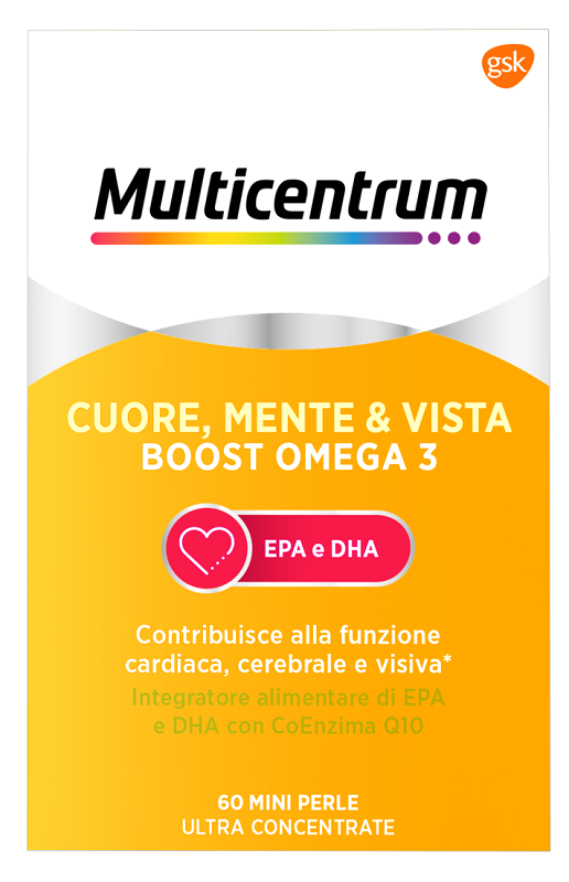 MULTICENTRUM CUORE MENTE E VISTA BOOST OMEGA 3 60 MINI PERLE - Antica Farmacia Ferrari