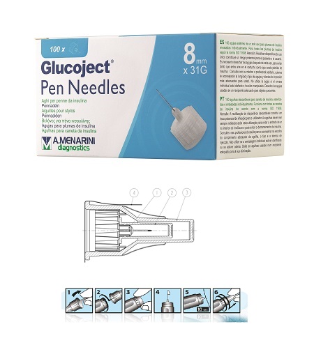 AGO PER PENNA DA INSULINA GLUCOJECT LUNGHEZZA 8 MM GAUGE 31 100 PEZZI - Antica Farmacia Ferrari