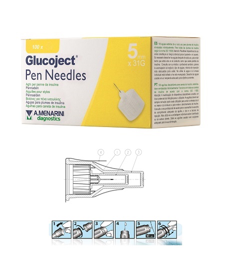 AGO PER PENNA DA INSULINA GLUCOJECT LUNGHEZZA 5 MM GAUGE 31 100 PEZZI - Antica Farmacia Ferrari