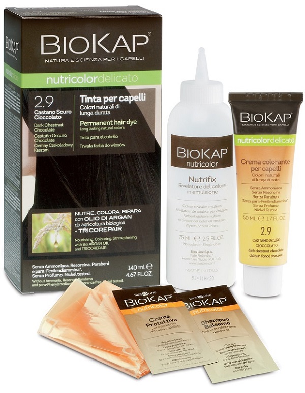 BIOKAP NUTRICOLOR DELICATO 2,9 CASTANO SCURO CIOCCOLATO TINTA TUBO + FLACONE - Antica Farmacia Ferrari
