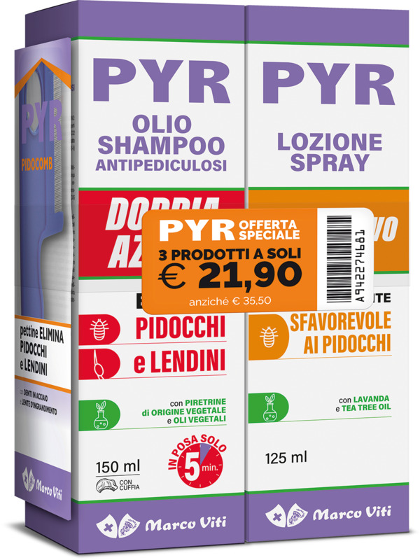 PYR ABB OLIO SHAMPOO ANTIPEDICULOSI + 1 OLIO SHAMPOO DOPPIA AZIONE + 1 LOZIONE SPRAY + 1 PETTINE LENDINI - Oltrefarma