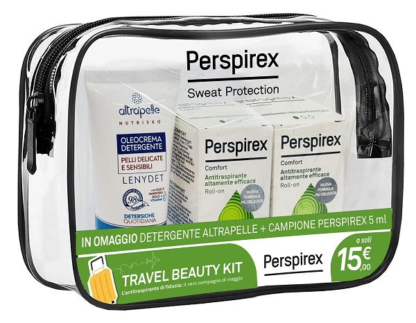 PERSPIREX ROLL ON COMFORT TRAVEL KIT 1 ROLL ON COMFORT 20 ML + 1 ROLL ON COMFORT 5 ML + 1 DETERGENTE ALTRAPELLE OMAGGIO - Oltrefarma