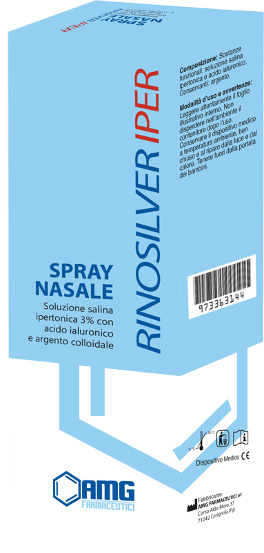 RINOSILVER SOLUZIONE SALINA IPERTONICA 3% CON ACIDO IALURONICO E ARGENTO COLLOIDALE SPRAY NASALE 20 ML - Antica Farmacia Ferrari