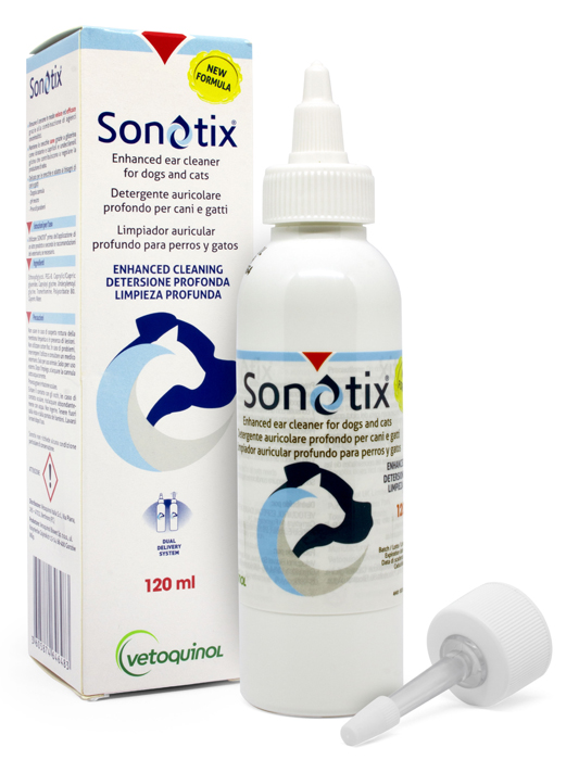 SONOTIX DETERGENTE AURICOLARE PROFONDO CANI E GATTI FLACONE 120 ML + CANNULA CORTA RIGIDA + CANNULA LUNGA FLESSIBILE - Antica Farmacia Ferrari