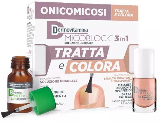 DERMOVITAMINA MICOBLOCK TRATTA E COLORA 3 IN 1 SOLUZIONE UNGUEALE 7 ML + SMALTO IDRATANTE TRASPIRANTE 5 ML - Antica Farmacia Ferrari