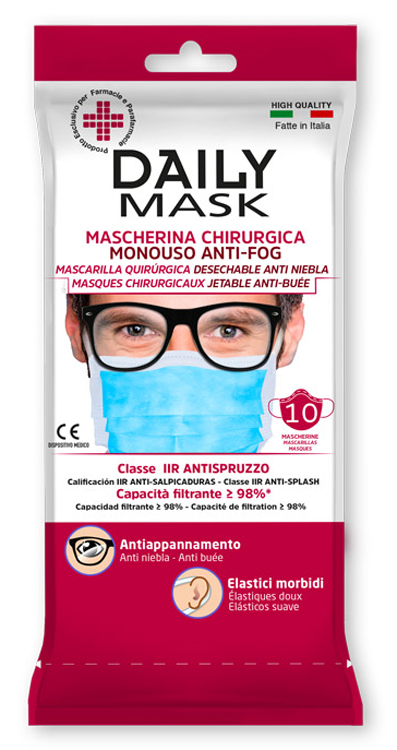 MASCHERINA CHIRURGICA MONOUSO ANTI-FOG DAILY MASK TIPO IIR TRE TNT STRATI ANTISPRUZZO 10 PEZZI - Oltrefarma