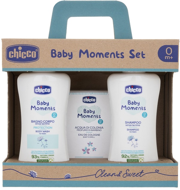 CHICCO BABY MOMENTS SET BAGNOSCHIUMA PELLI DELICATE 200 ML + SHAMPOO PELLI DELICATE 200 ML + ACQUA DI COLONIA BABY SMELL PELLI DELICATE 100 ML - Oltrefarma