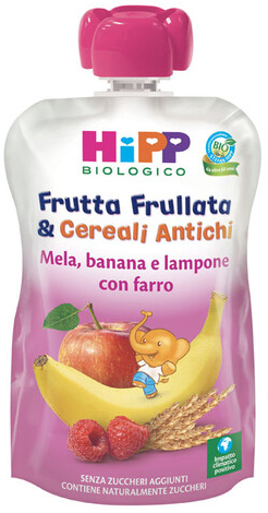 HIPP BIO FRUTTA FRULLATA&CEREALI ANTICHI MELA BANANA LAMPONE FARRO 90 G - Oltrefarma