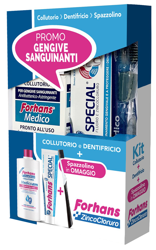 FORHANS KIT GENGIVE SANGUINANTI 1 FORHANS COLLUTORIO MEDICO 250 ML + 1 FORHANS DENTIFRICIO SPECIAL 75 ML + 1 FORHANS SPAZZOLINO MEDICO IN OMAGGIO - Oltrefarma