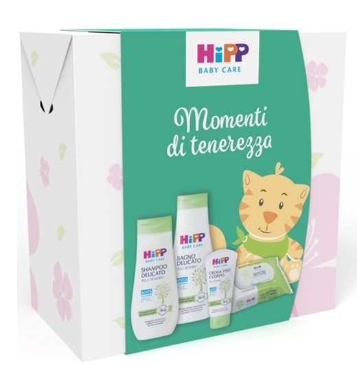 HIPP COFANETTO MOMENTI TENEREZZA 1 BABY CARE BAGNO DELICATO 350 ML + 1 BABY CARE CREMA VISO CORPO 75 ML + 1 BABY CARE SHAMPOO DELICATO 200 ML + 1 SALVIETTINE VISO&MANI 20 PEZZI - Oltrefarma