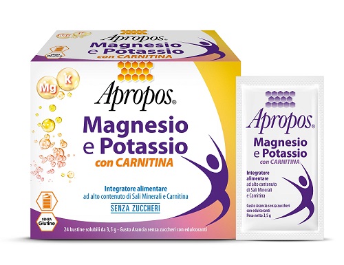 APROPOS MAGNESIO E POTASSIO CON CARNITINA 24 BUSTINE SOLUBILI DA 3,5 G GUSTO ARANCIA SENZA ZUCCHERI - Oltrefarma