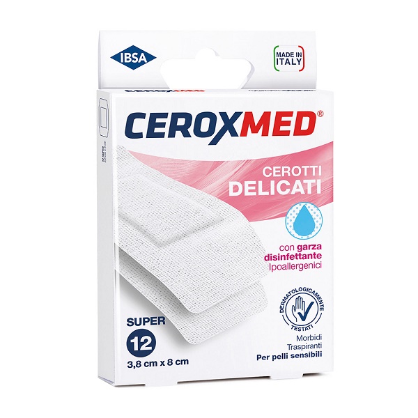 CEROTTI DELICATI CEROXMED CON GARZA DISINFETTANTE IPOALLERGENICI PER PELLI SENSIBILI SUPER 3,8X8CM 12 PEZZI - Antica Farmacia Ferrari