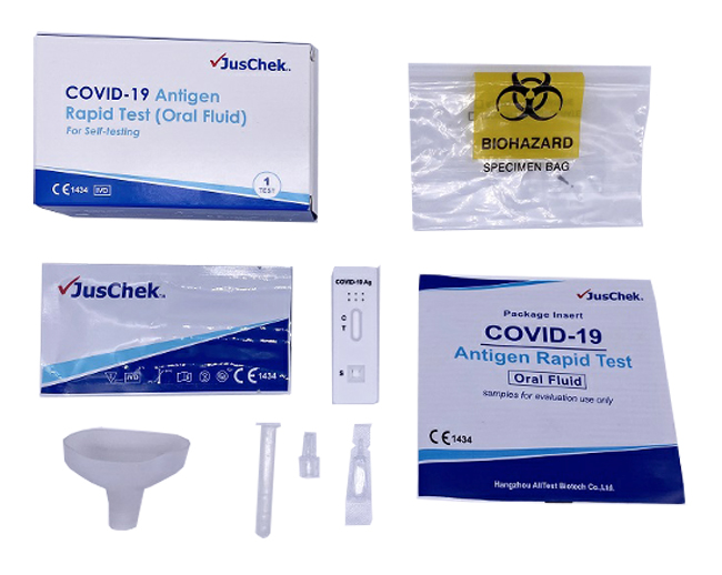 TEST ANTIGENICO RAPIDO COVID-19 JUSCHEK AUTODIAGNOSTICO DETERMINAZIONE QUALITATIVA ANTIGENI SARS-COV-2 IN CAMPIONI SALIVARI MEDIANTE IMMUNOCROMATOGRAFIA - Oltrefarma