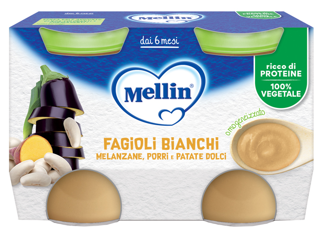 MELLIN OMOGENEIZZATO FAGIOLI BIANCHI E MELANZANE 2 PEZZI DA 130 G - Oltrefarma