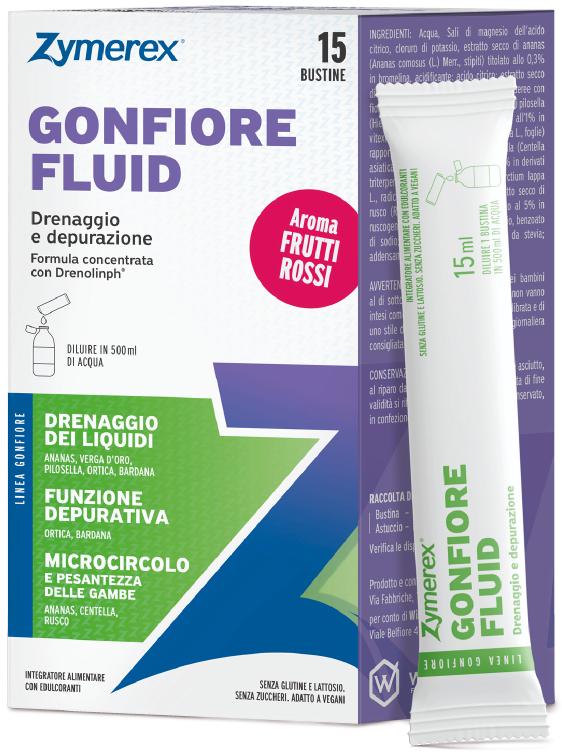 ZYMEREX GONFIORE FLUID FRUTTI ROSSI 15 BUSTINE DA 15 ML CON EDULCORANTI SENZA ZUCCHERI SENZA GLUTINE SENZA LATTOSIO - Oltrefarma