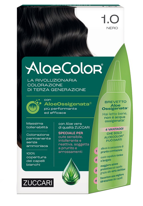 ALOECOLOR 1,0 NERO TINTA PERMANENTE CAPELLI COLORE AD ALTA PIGMENTAZIONE 50 ML + RIVELATORE ALOEOSSIGENATA 75 ML + SHAMPOO ALOECARE 15 ML + GUANTI - Antica Farmacia Ferrari