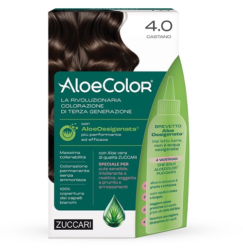 ALOECOLOR 4,0 CASTANO TINTA PERMANENTE CAPELLI COLORE AD ALTA PIGMENTAZIONE 50 ML + RIVELATORE ALOEOSSIGENATA 75 ML + SHAMPOO ALOECARE 15 ML + GUANTI - Antica Farmacia Ferrari