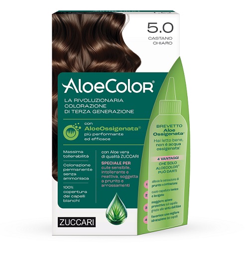 ALOECOLOR 5,0 CASTANO CHIARO TINTA PERMANENTE CAPELLI COLORE AD ALTA PIGMENTAZIONE 50 ML + RIVELATORE ALOEOSSIGENATA 75 ML + SHAMPOO ALOECARE 15 ML + GUANTI - Antica Farmacia Ferrari