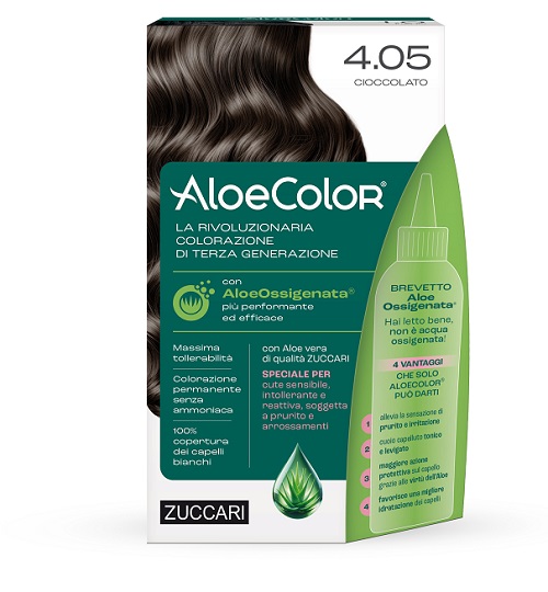 ALOECOLOR 4,05 CIOCCOLATO TINTA PERMANENTE CAPELLI COLORE AD ALTA PIGMENTAZIONE 50 ML + RIVELATORE ALOEOSSIGENATA 75 ML + SHAMPOO ALOECARE 15 ML + GUANTI - Antica Farmacia Ferrari