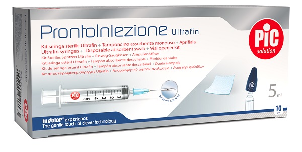 PRONTOINIEZIONE ULTRAFIN KIT SIRINGA STERILE 5 ML GAUGE 23 10 PEZZI + TAMPONCINO ASSORBENTE MONOUSO + APRIFIALA - Antica Farmacia Ferrari